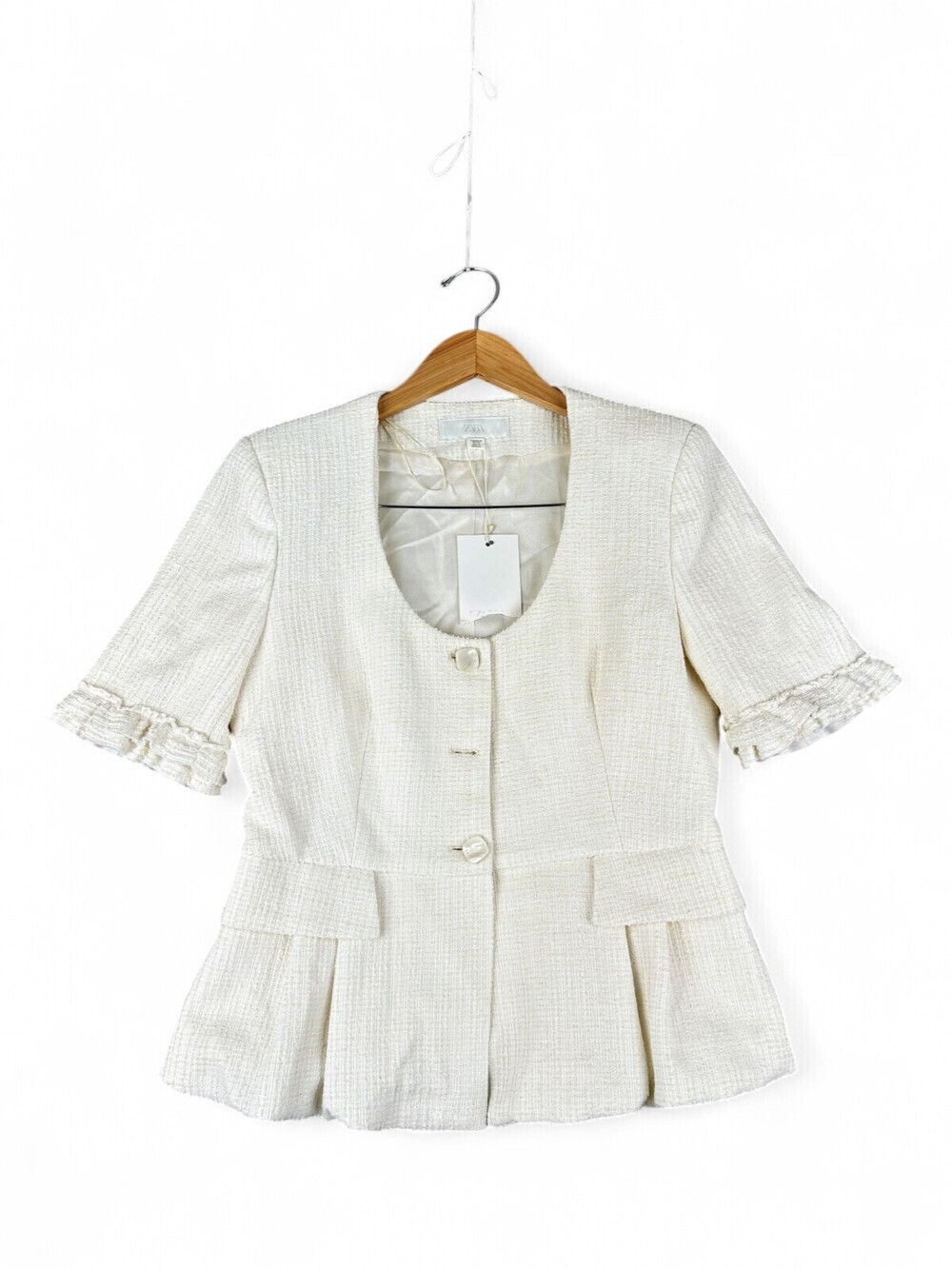 Zara Cream Tweed Peplum Short-Sleeve Blazer Jacket M